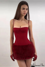 Color Block Faux Fur Spaghetti Strap Corset Party Dress