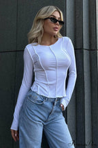 Color Block Ribbed Slim Crew Neck Long Sleeve Tee