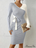 Color Block V Neck Long Sleeve Dress with Knot Detail