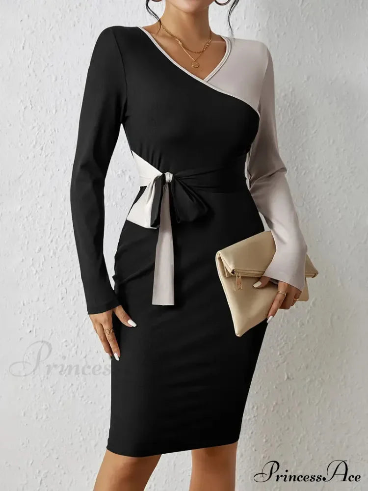 Color Block V Neck Long Sleeve Dress with Knot Detail