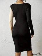 Color Block V Neck Long Sleeve Dress with Knot Detail