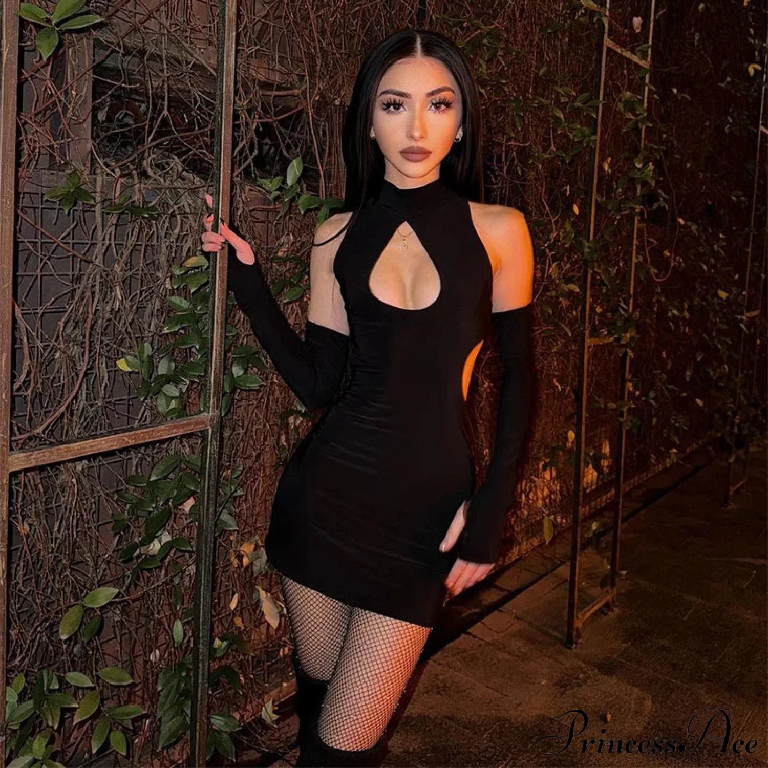 Color Chest Water Drop Hollow Tight Cut Out Mini Dress