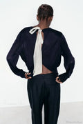Color Contrasting Bow Bat Sleeve Cardigan