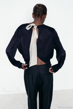 Color Contrasting Bow Bat Sleeve Cardigan