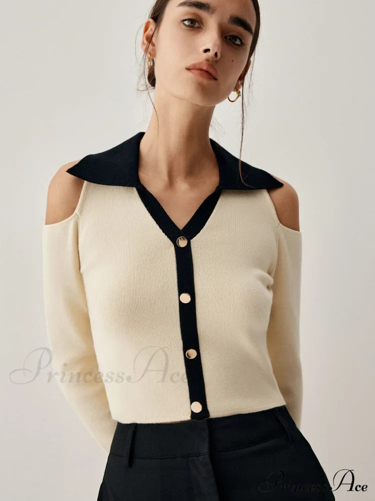 Colorblock Open Collar Cutout Modern Crop Long Sleeve Top