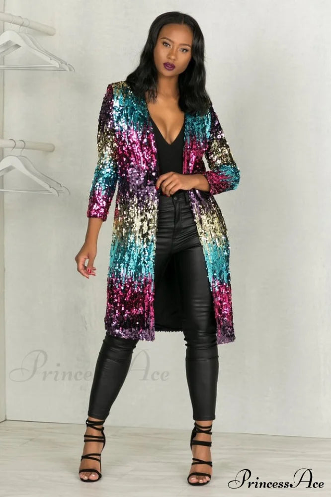 Colorful Mid-Length Stylish Sequin Cardigan