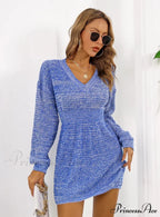 Colorful V-Neck Lantern Sleeve Sweater Dress