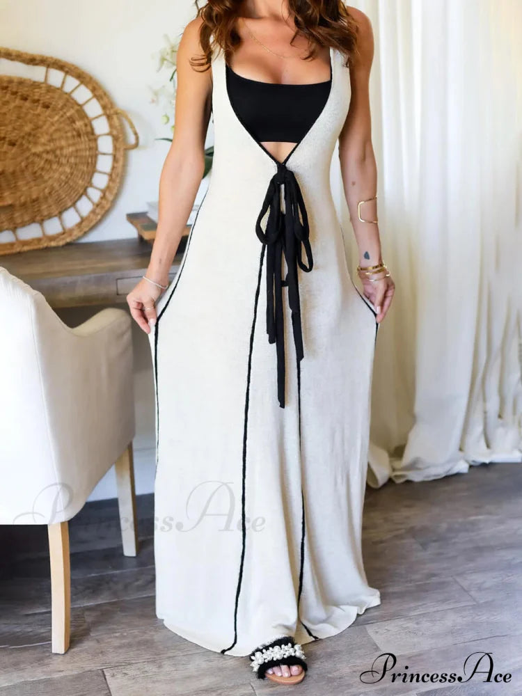 Contrast Color Self-Tie Charming Flowy Oversized Maxi Dress