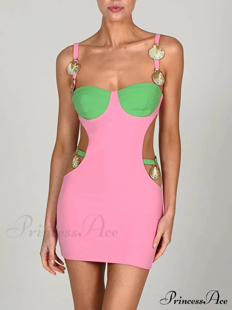 Contrast Color Side Charming Cut Charm Strap Dress
