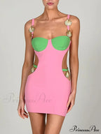 Contrast Color Side Charming Cut Charm Strap Dress
