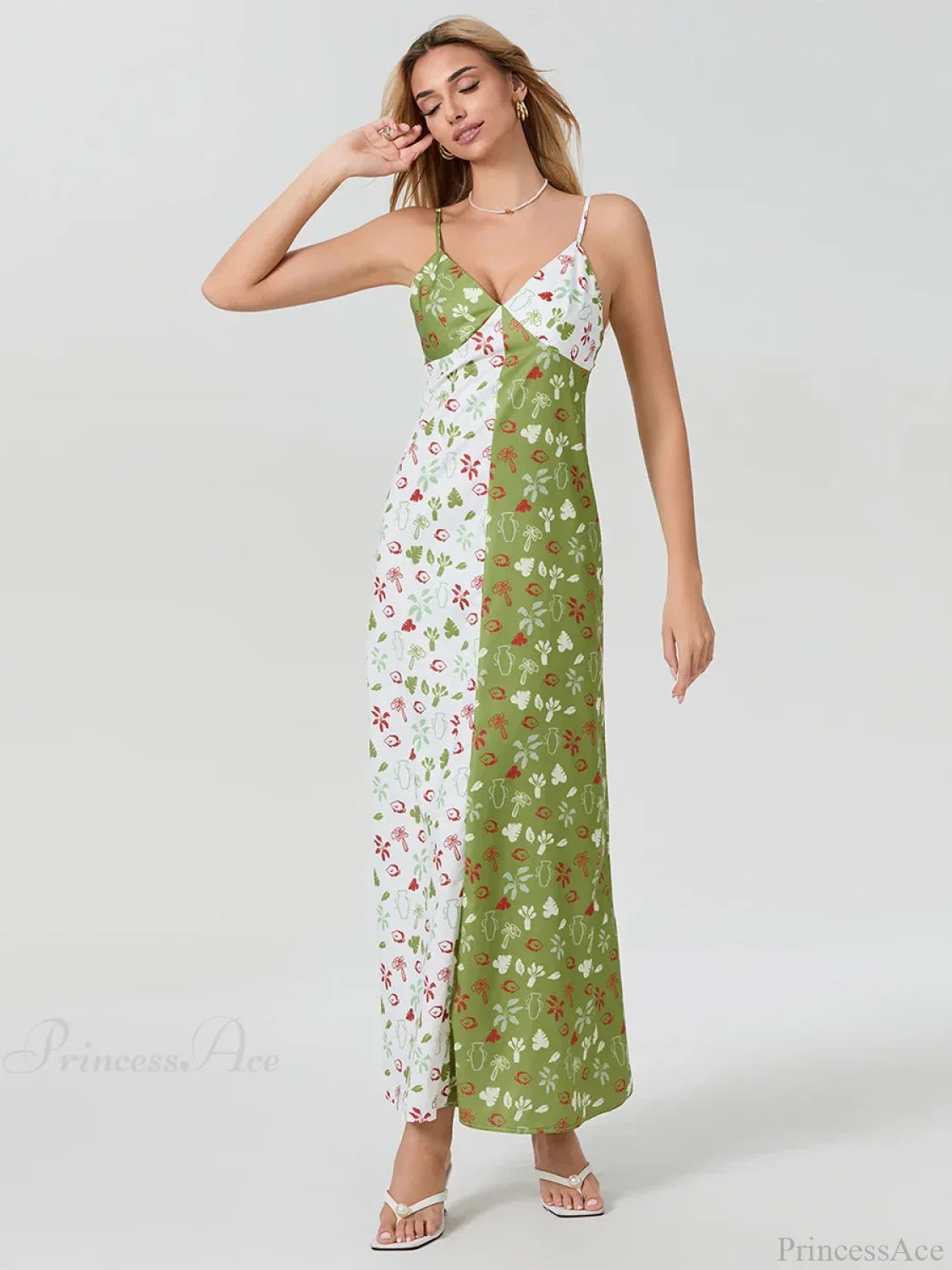 Contrast Color V-neck Spaghetti Strap Slip Floral Dress
