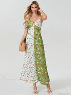 Contrast Color V-neck Spaghetti Strap Slip Floral Dress