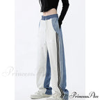 Contrast Color Women High Waist Straight Cropped High Street Drawstring Tie Up Sweatpants Cylinder Lady Wide Leg Jean