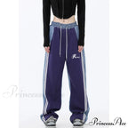 Contrast Color Women High Waist Straight Cropped High Street Drawstring Tie Up Sweatpants Cylinder Lady Wide Leg Jean