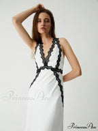 Contrast Lace Graceful Satin Long Dress