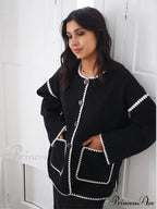 Contrast O Neck Loose Elegant Long Sleeves Winter New Stylish Fashionable Coat