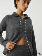 Contrast Stitches Two Way Zip Classic Long Sleeve Two Piece Skirt Set