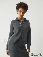 Contrast Stitches Two Way Zip Classic Long Sleeve Two Piece Skirt Set
