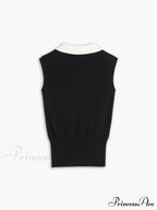 Contrast Trim Collar Trendy V-neck Knit Sweater Vest