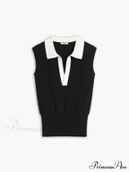Contrast Trim Collar Trendy V-neck Knit Sweater Vest