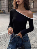 Contrast Trim Off Trendy Shoulder Long Sleeve Shirt