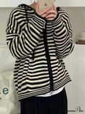 Contrasting Colors Striped Hooded Zipper Cardigan