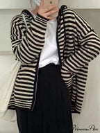 Contrasting Colors Striped Hooded Zipper Cardigan