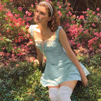Coquette Y2K PrintPatchwork Lace Trim Vintage Square Neck T-shirts Floral Dress