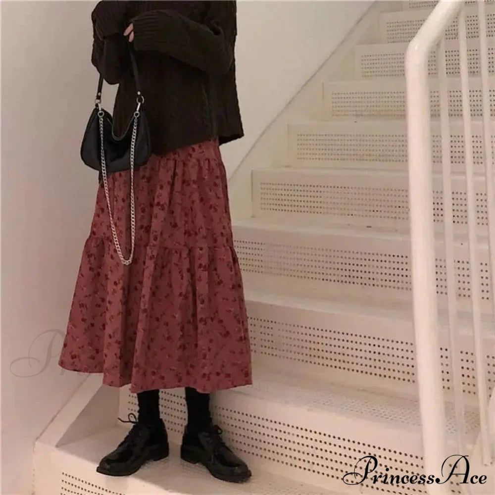 Corduroy High Waist Charming Floral Print Maxi Skirt
