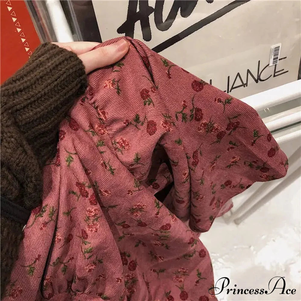 Corduroy High Waist Charming Floral Print Maxi Skirt