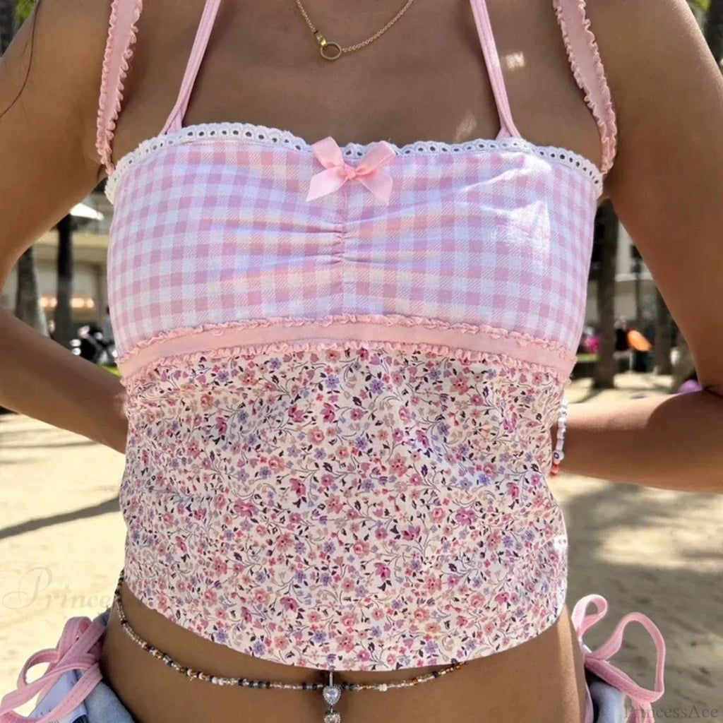 Cottage Floral Plaid Patchwork Y2K Lace Trim Backless Tie Up Retro Vest Crop Top