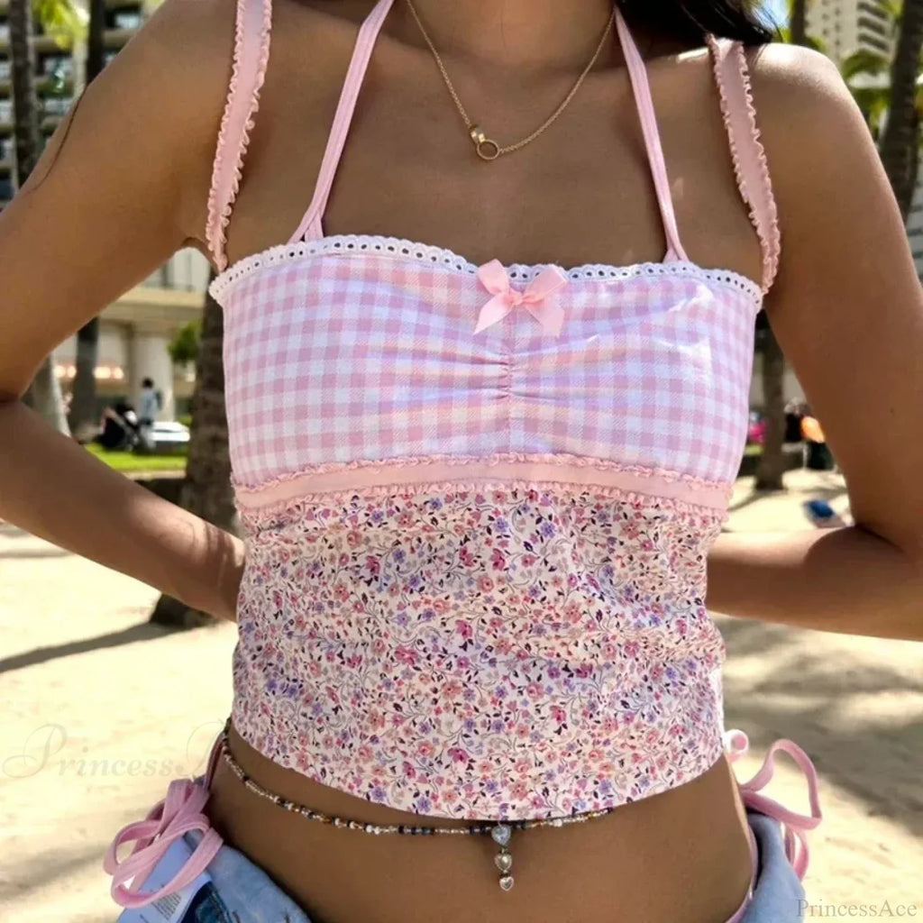 Cottage Floral Plaid Patchwork Y2K Lace Trim Backless Tie Up Retro Vest Crop Top