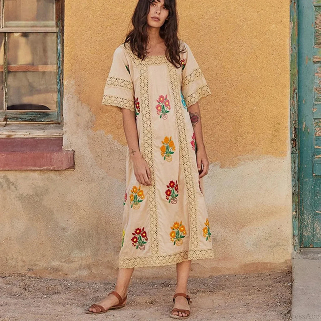 Cotton Floral Embroidery Boho Dress