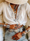 Cotton Floral Embroidery White Lace V-Neck Boho Blouse