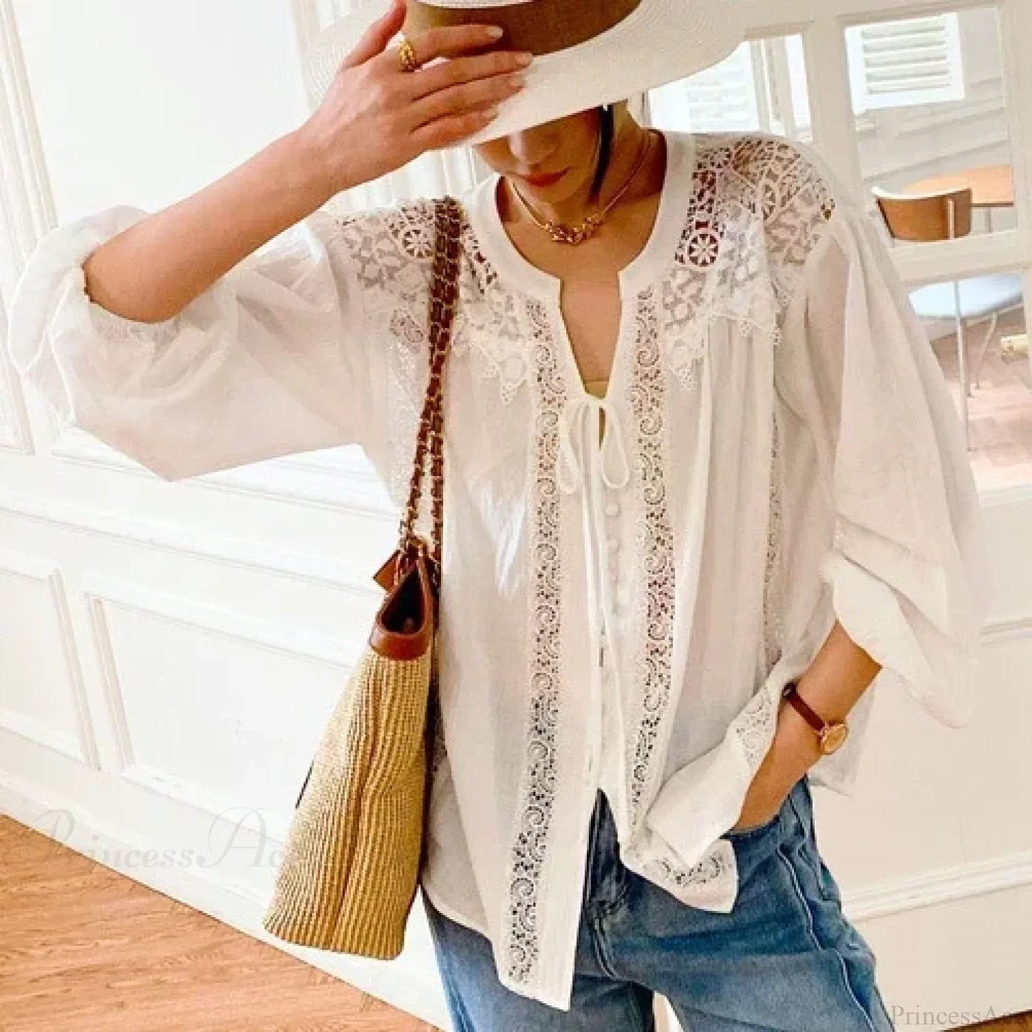 Cotton Floral Embroidery White Lace V-Neck Boho Blouse