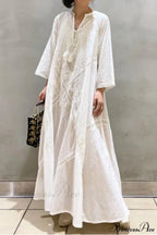 Cotton Linen Beach White V Neck Embroidered Boho Dress