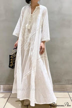 Cotton Linen Beach White V Neck Embroidered Boho Dress