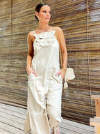 Cotton Linen Split 3D Flower Solid Sling Maxi Dress