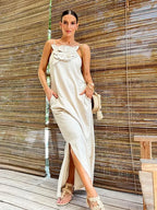 Cotton Linen Split 3D Flower Solid Sling Maxi Dress