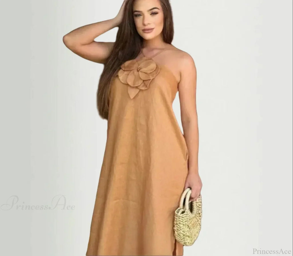 Cotton Linen Split 3D Flower Solid Sling Maxi Dress
