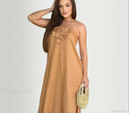 Cotton Linen Split 3D Flower Solid Sling Maxi Dress
