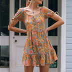 Cotton Orange Floral Boho Dress