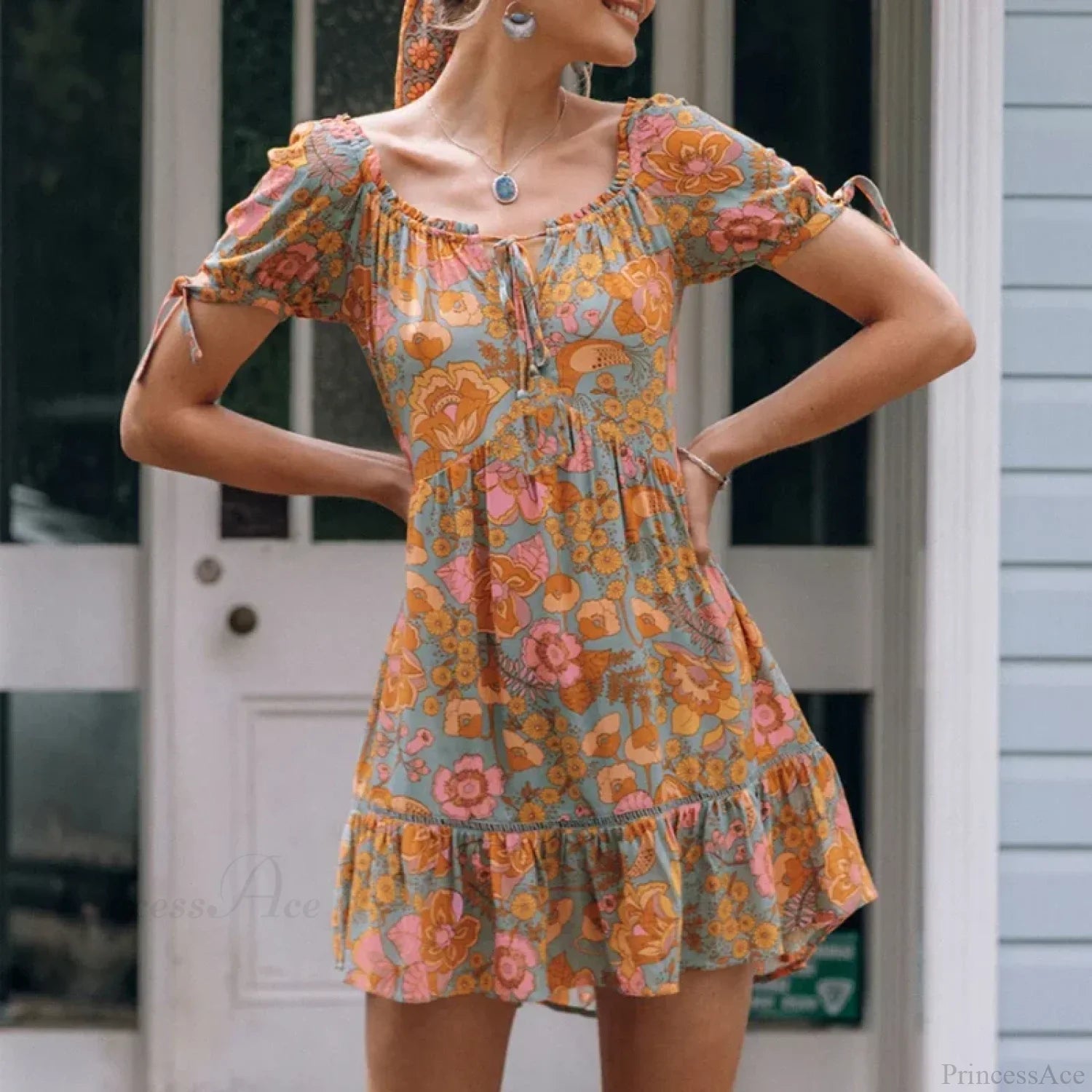 Cotton Orange Floral Boho Dress