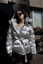 Cotton Padded Metallic Color Belt Pocket Coat
