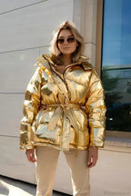 Cotton Padded Metallic Color Belt Pocket Coat