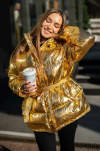Cotton Padded Metallic Color Belt Pocket Coat
