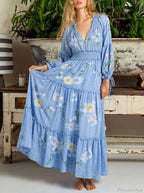 Cotton Rayon Blue Floral Embroidery Boho Dress