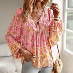 Cotton Rayon Floral Printed Long Sleeve Beach Boho Blouse