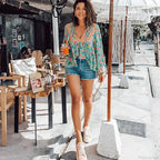 Cotton Red Floral Print Lantern Sleeve Boho Blouse