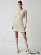 Cream Rib Long Trendy Sleeve Short Sweater Dress